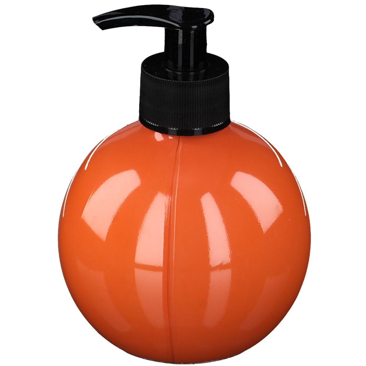 Oranje, bolvormige dispenserfles met zwarte pomp. Verticale lijn op het oppervlak van de fles.