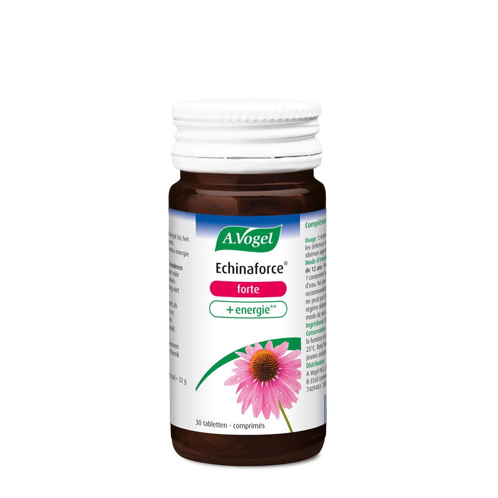 Bruine tablettenfles met witte dop. Etiket met productnaam en bloem. 30 tabletten.