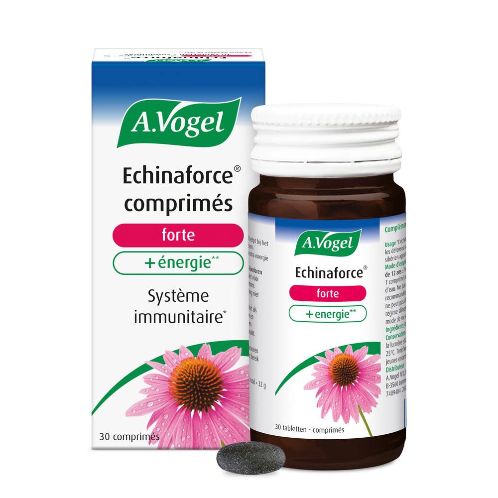 Emballage du produit et flacon de comprimés. Emballage avec nom du produit et fleur. Flacon de 30 comprimés.