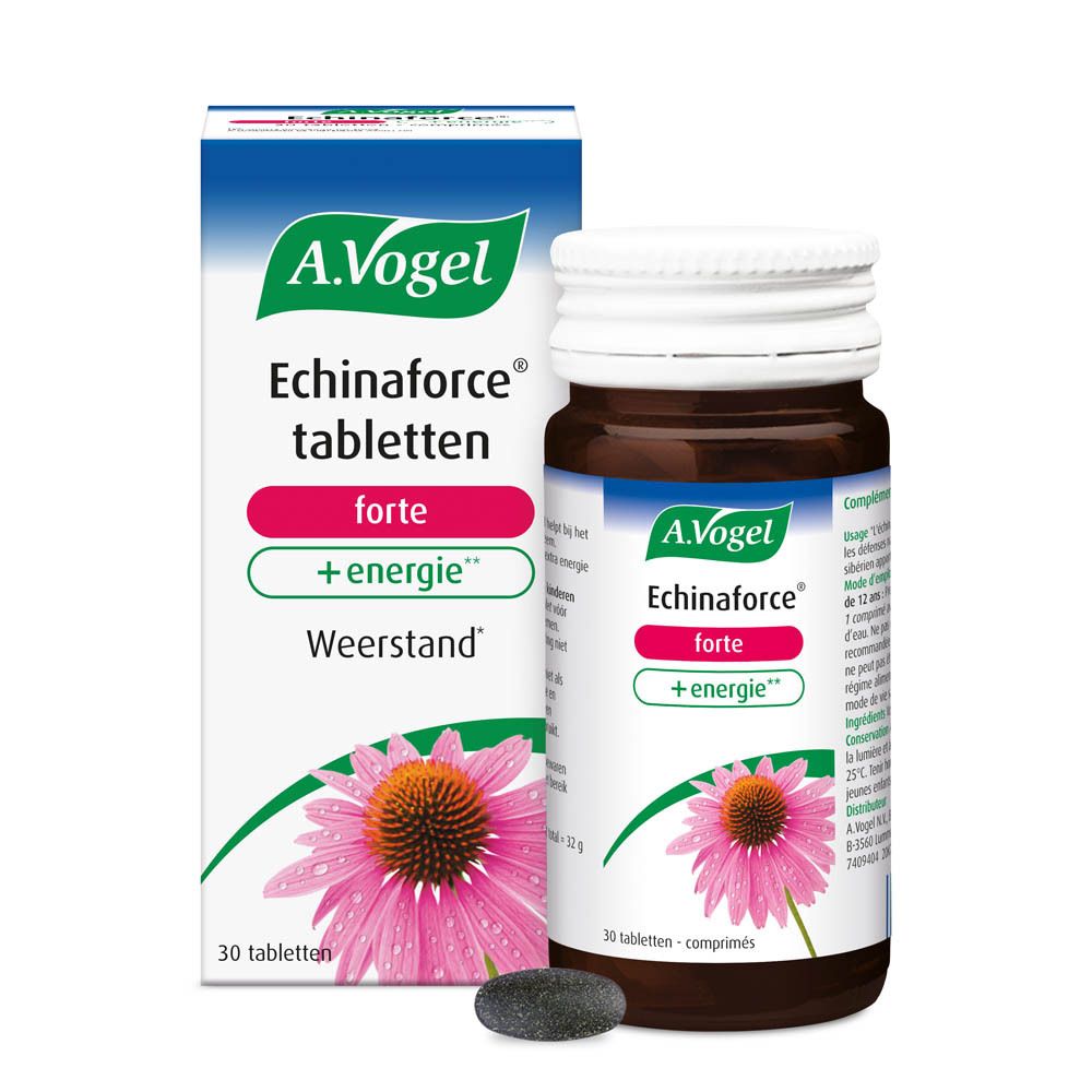 Productverpakking en tablettenfles. Verpakking met productnaam en bloem. Fles met 30 tabletten.