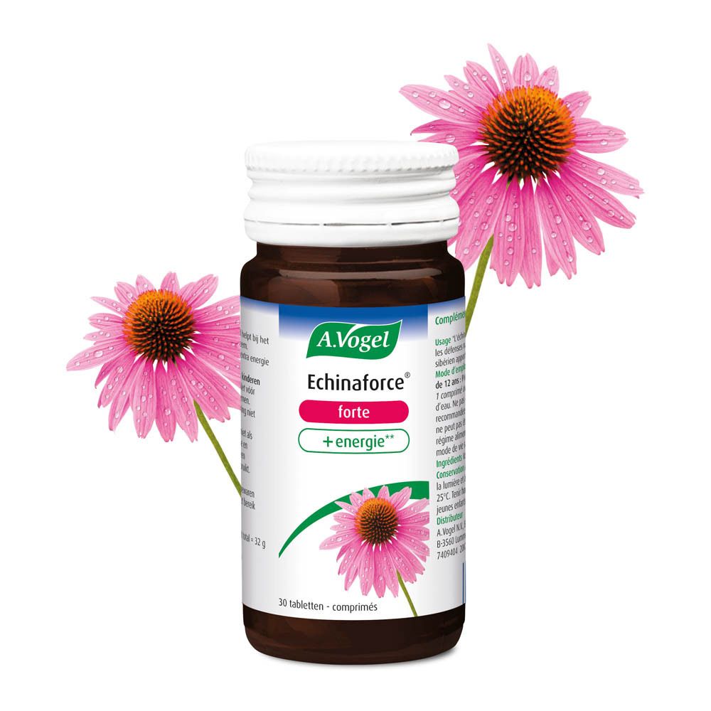 Flacon de comprimés brun avec bouchon blanc. Étiquette avec nom du produit et fleur. 30 comprimés. Avec fleurs.