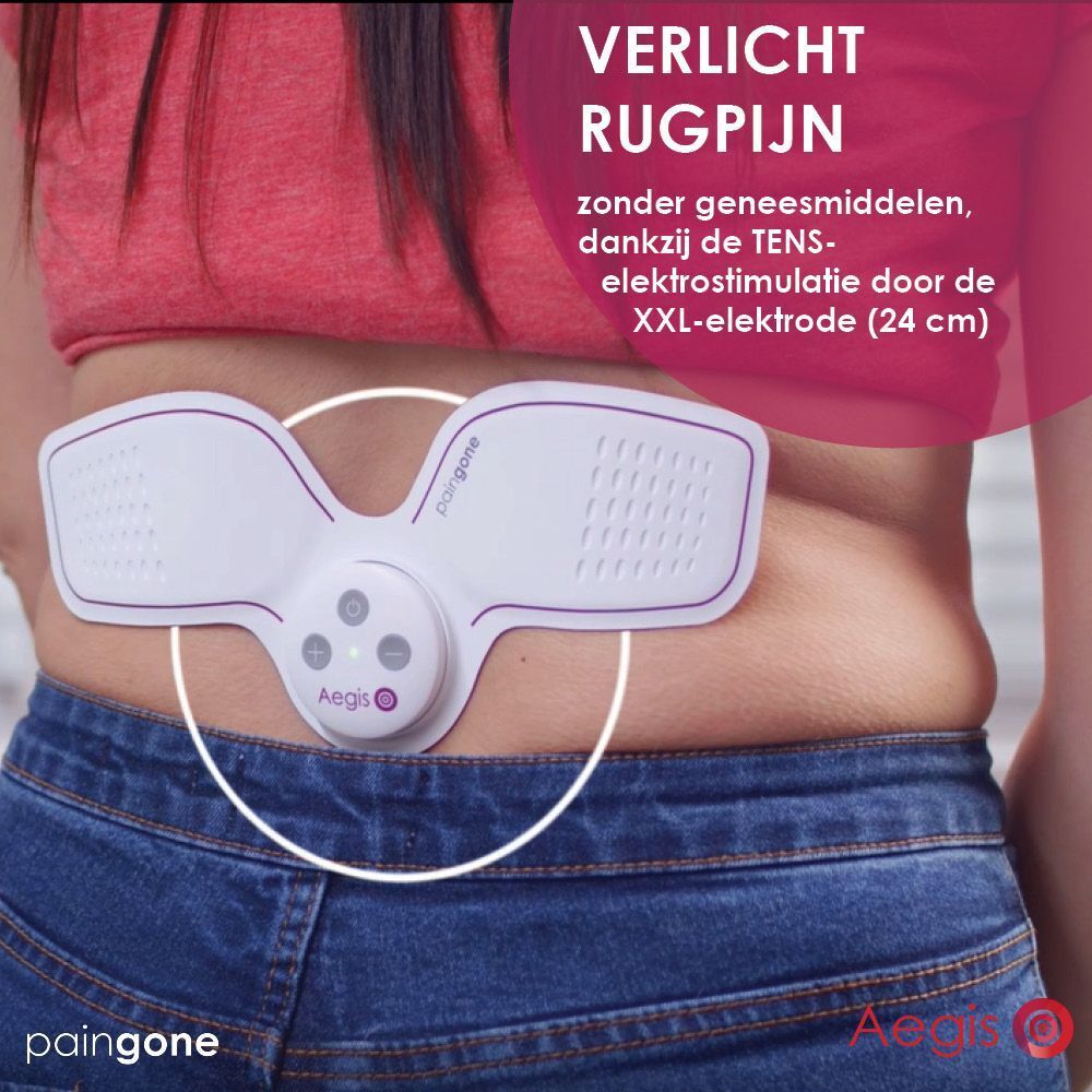 Apparaat op de rug van een persoon. Aegis staat erop. Het apparaat is wit met paars.