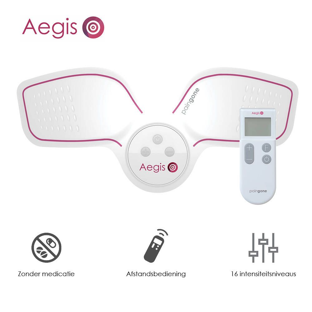 Wit en paars apparaat met afstandsbediening. Aegis staat erop. 16 intensiteitsniveaus.