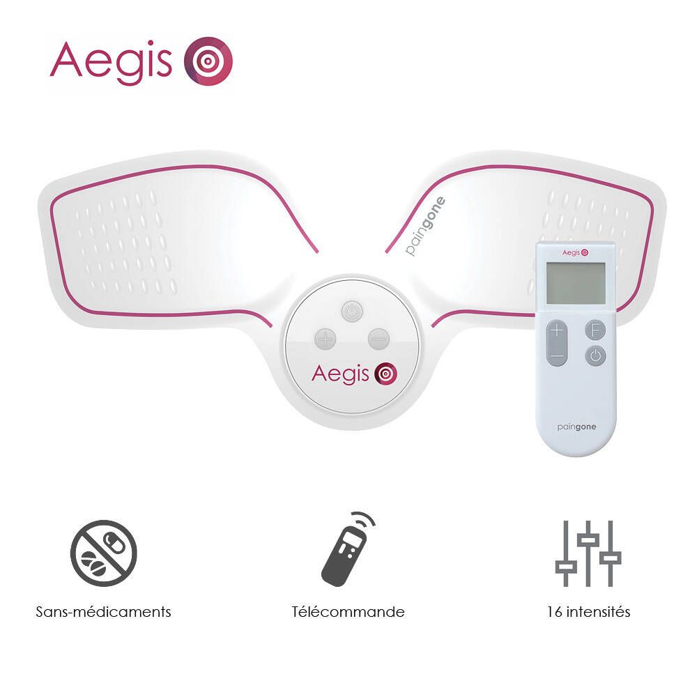 Wit en paars apparaat met afstandsbediening. Aegis staat erop. 16 intensiteitsniveaus.