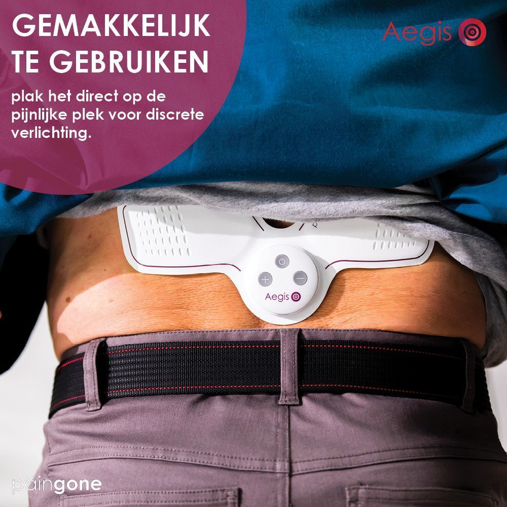 Apparaat op de rug van een persoon. Aegis staat erop. Het apparaat is wit met paars.