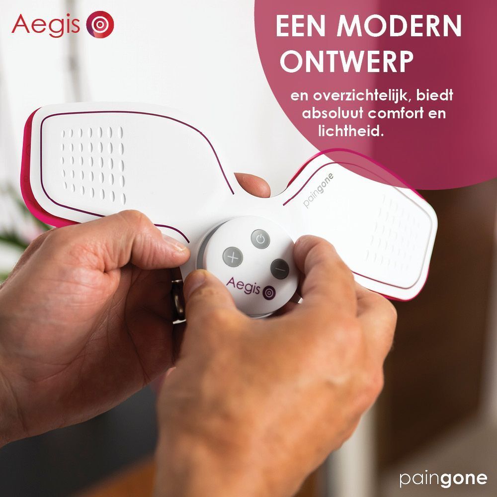 Apparaat in de handen van een persoon. Aegis staat erop. Het apparaat is wit met paars.