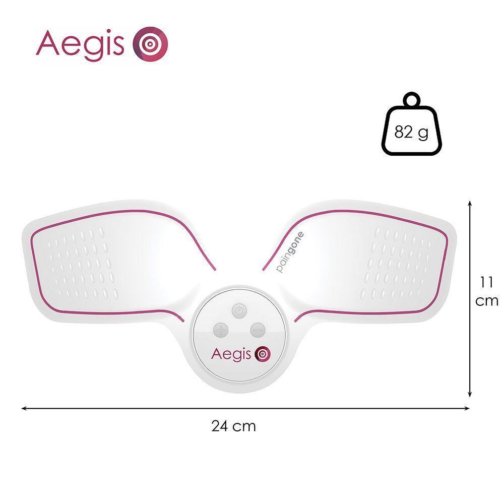 Wit en paars apparaat. Aegis staat erop. Afmetingen: 24x11 cm. Gewicht: 82g.