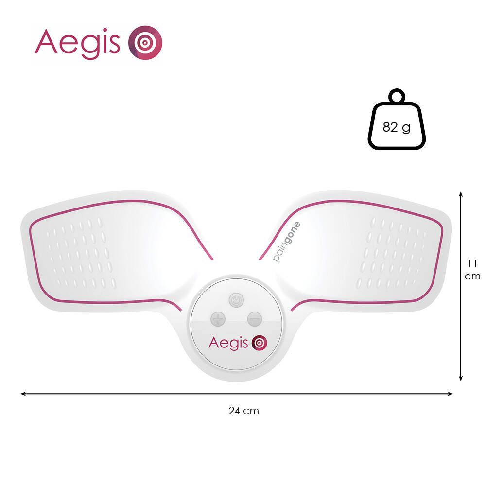 Wit en paars apparaat. Aegis staat erop. Afmetingen: 24x11 cm. Gewicht: 82g.