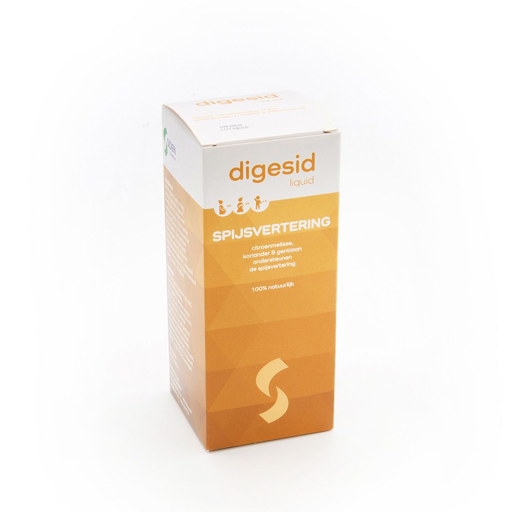 Boîte en carton avec nom et texte du produit. Fond orange avec texte blanc. Inscription : Digesid liquid, Spijsvertering.