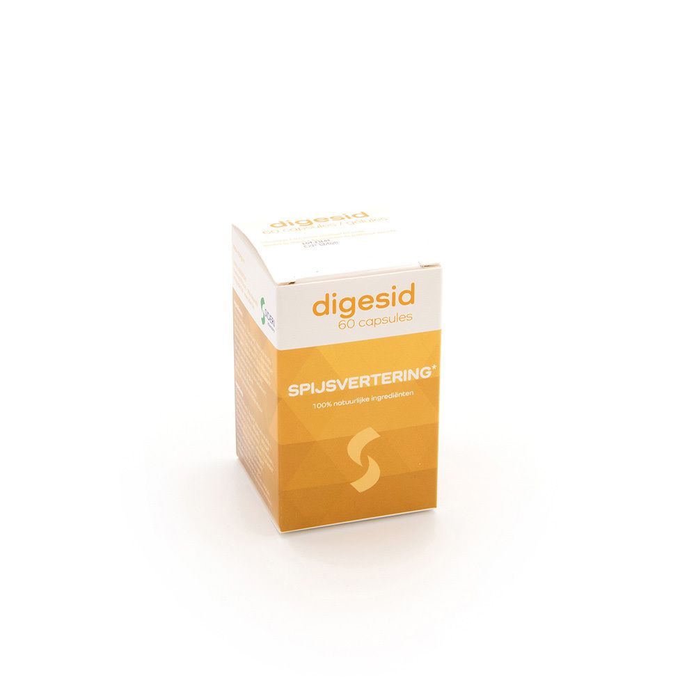 Boîte en carton "digesid" et "60 capsules". Couleurs jaune et blanc.