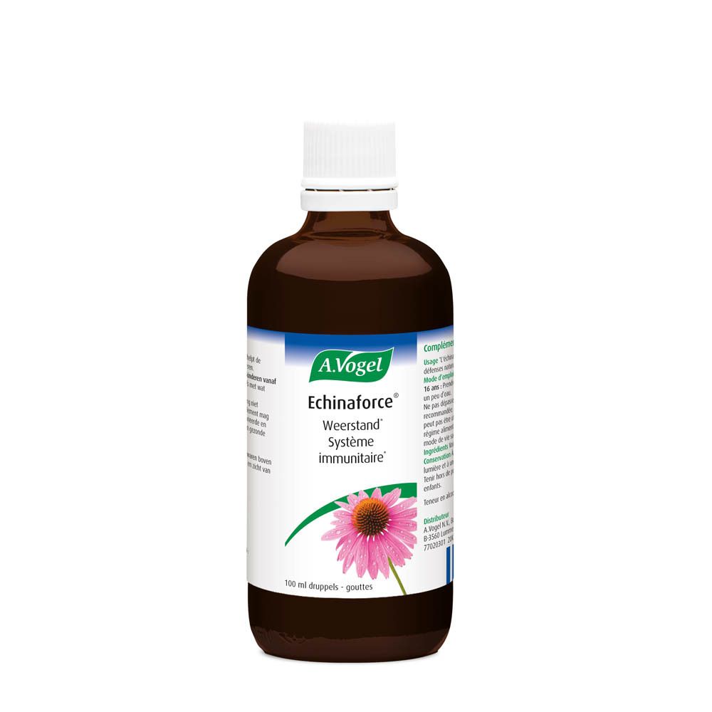 Flacon brun avec bouchon blanc. Étiquette avec nom du produit et fleur. Marque A.Vogel.