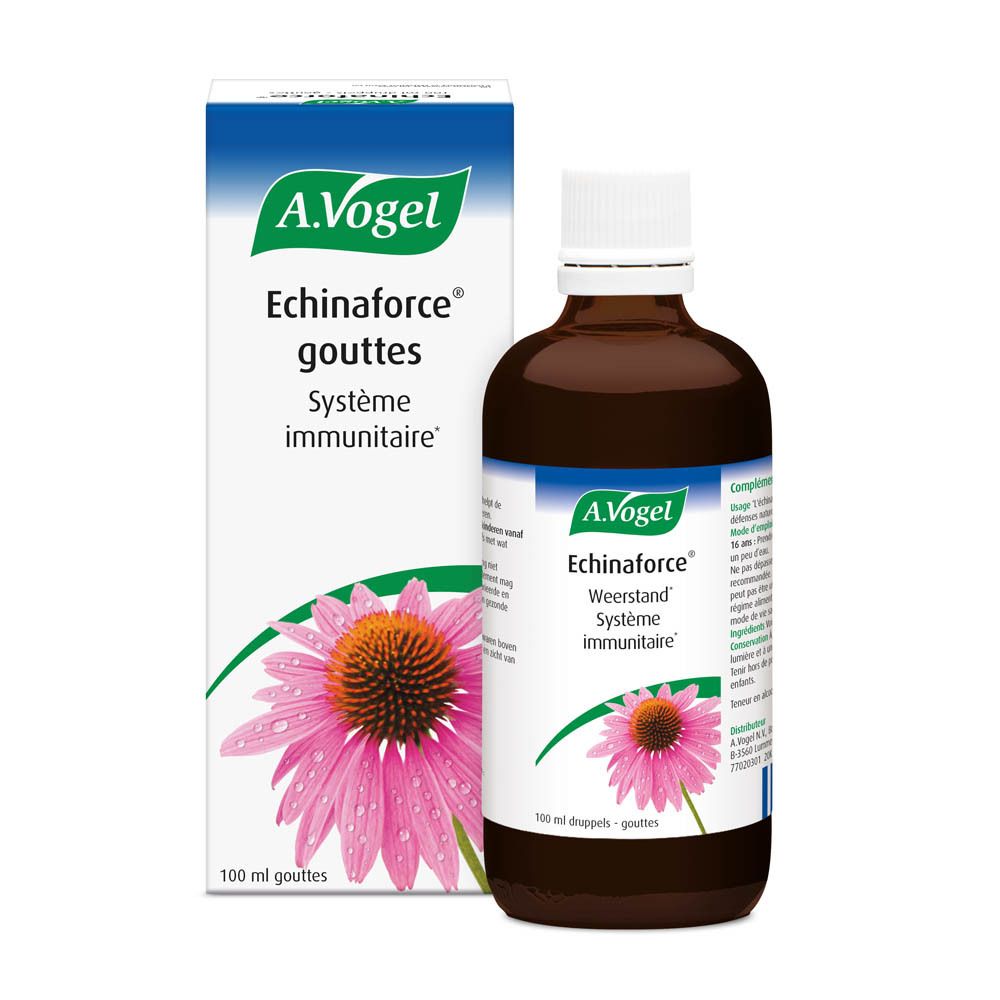Flacon et boîte. Flacon brun, bouchon blanc. Boîte blanche avec nom du produit et fleur. Marque A.Vogel.