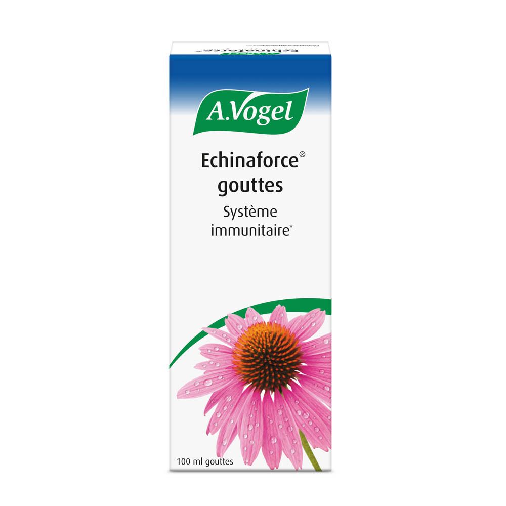 Boîte blanche avec nom du produit et fleur. Marque A.Vogel. Texte: Echinaforce gouttes Système immunitaire.
