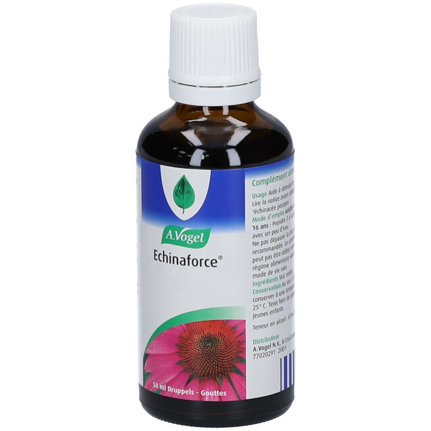 Bruine glazen fles met witte dop. Etiket met productnaam en bloem. 50 ml druppels.