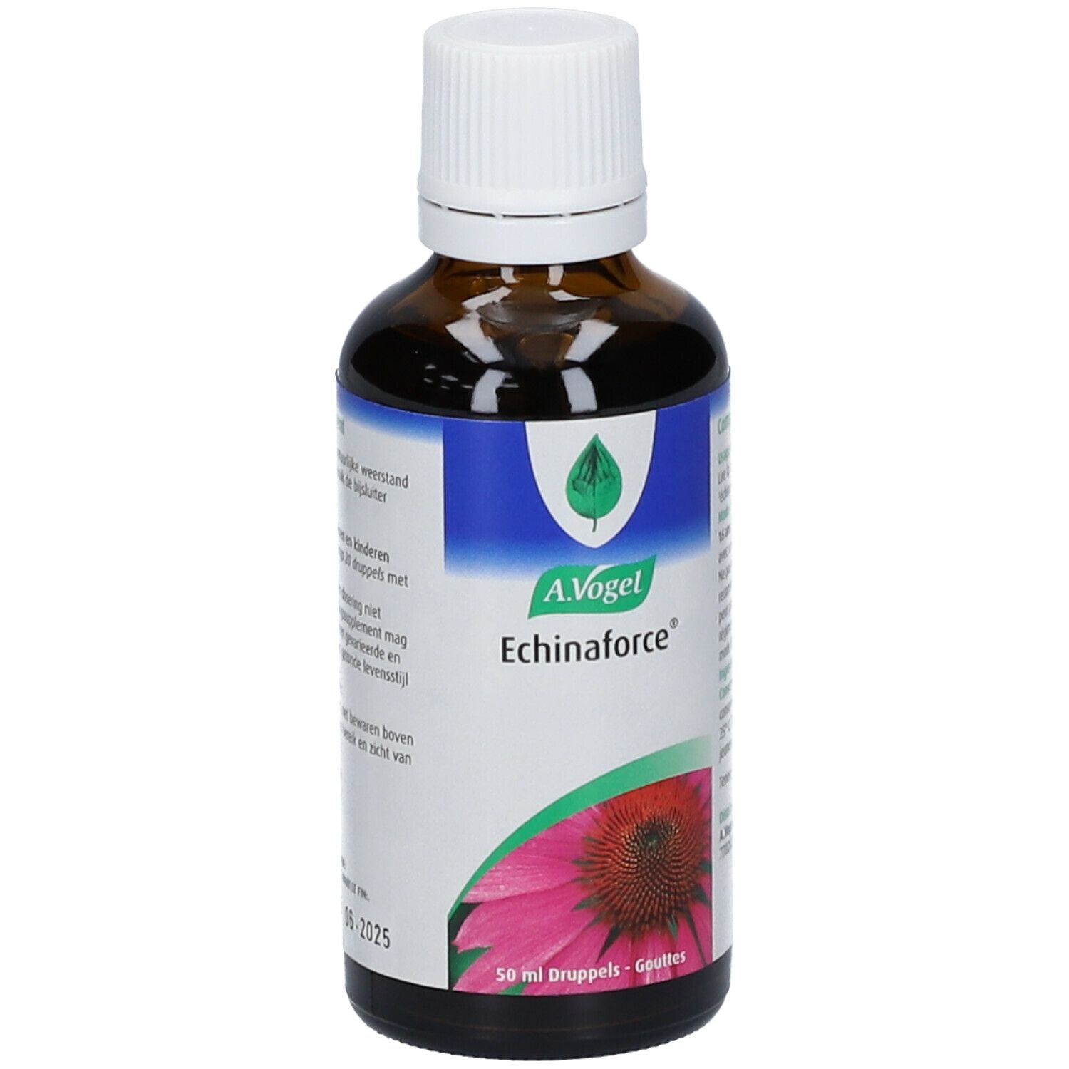 Bruine glazen fles met witte dop. Etiket met productnaam en bloem. 50 ml druppels.
