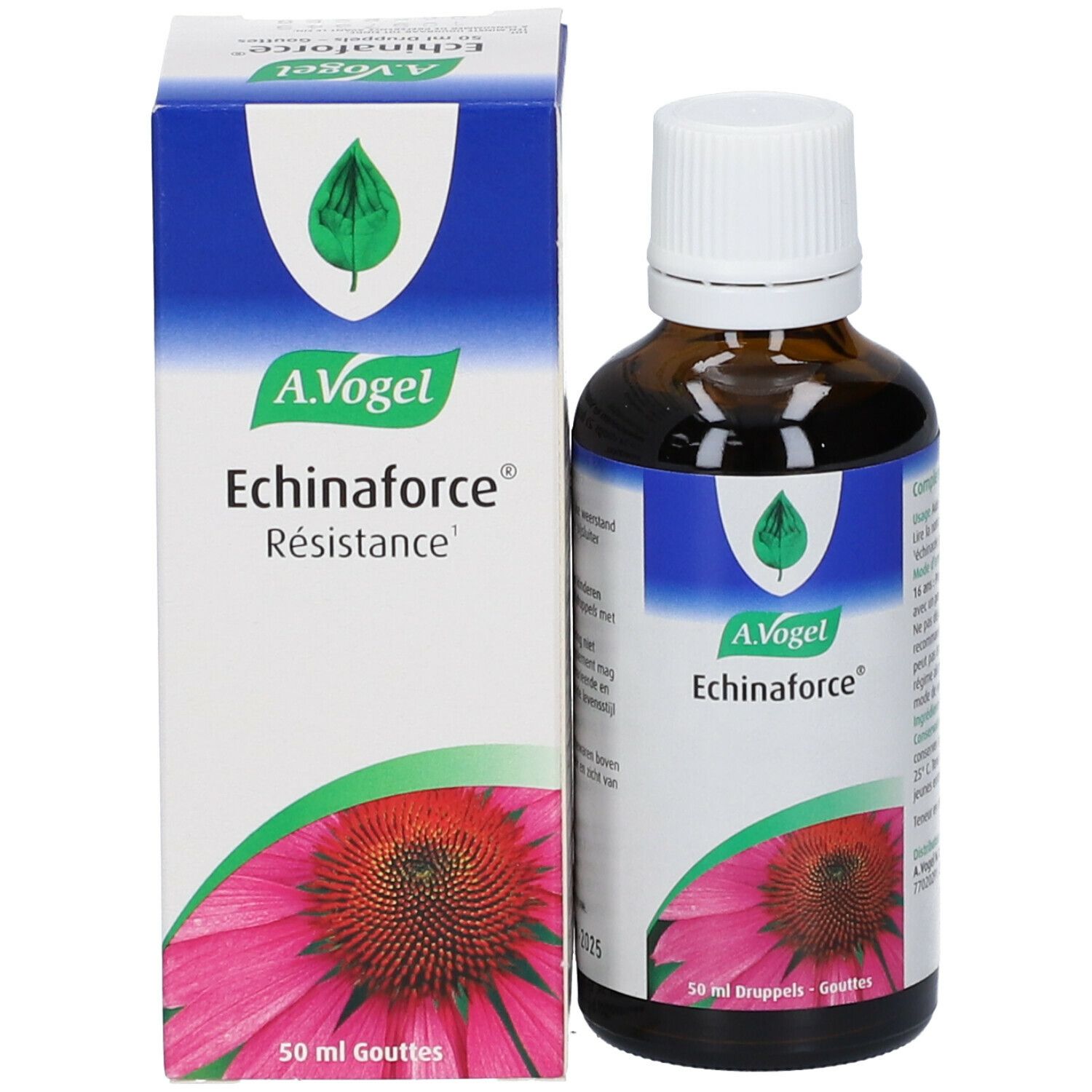 Productfles en doos. Doos met productnaam en bloem. 50 ml druppels.