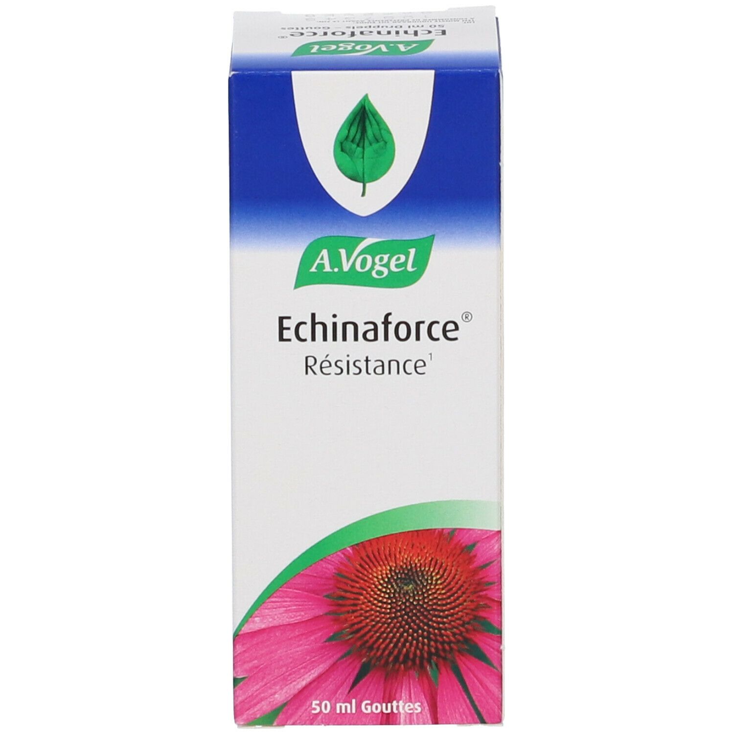 Productverpakking. Doos met productnaam en bloem. 50 ml druppels.