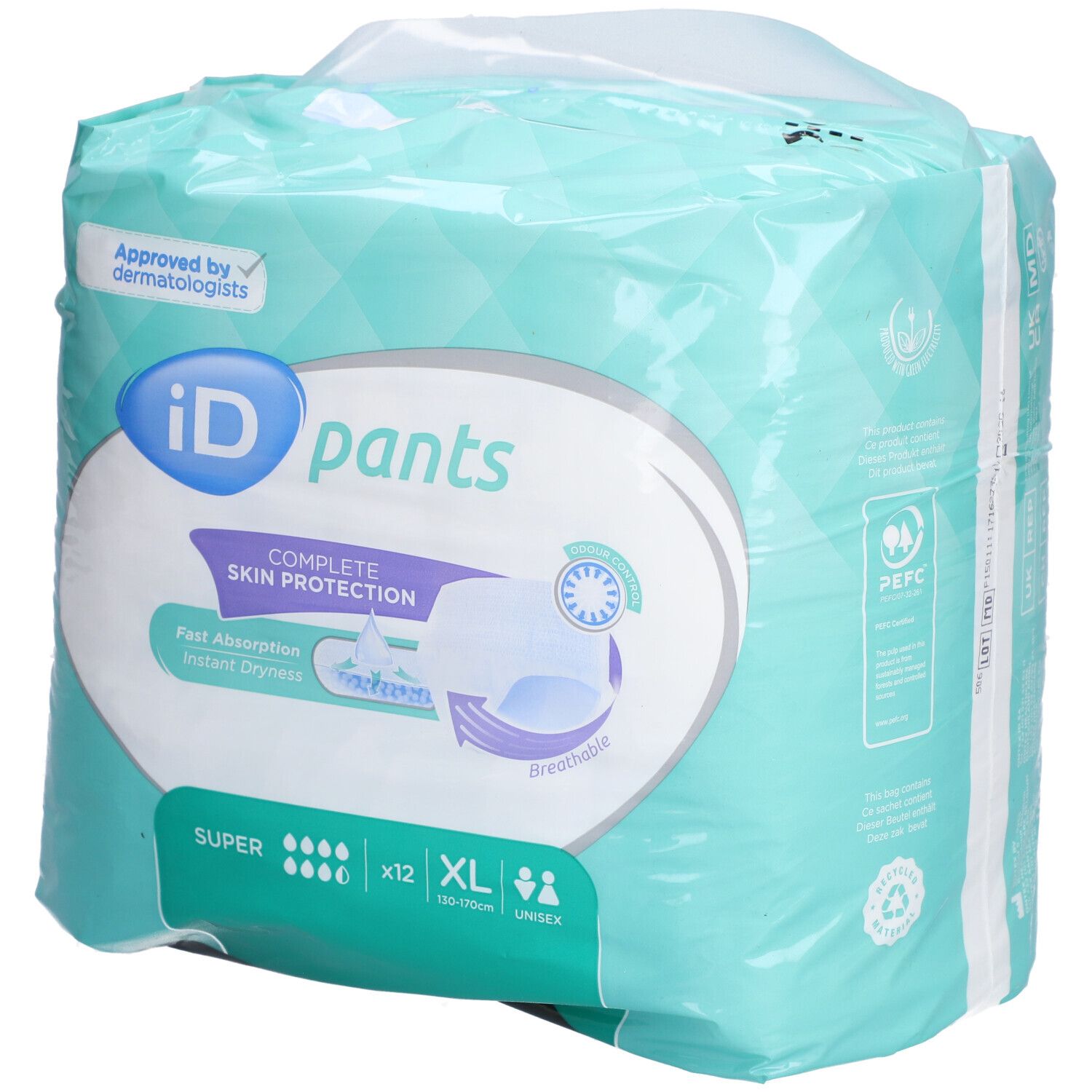 Paquet de iD Pants Super XL. Emballage turquoise avec logo, informations de taille, absorption et certification.