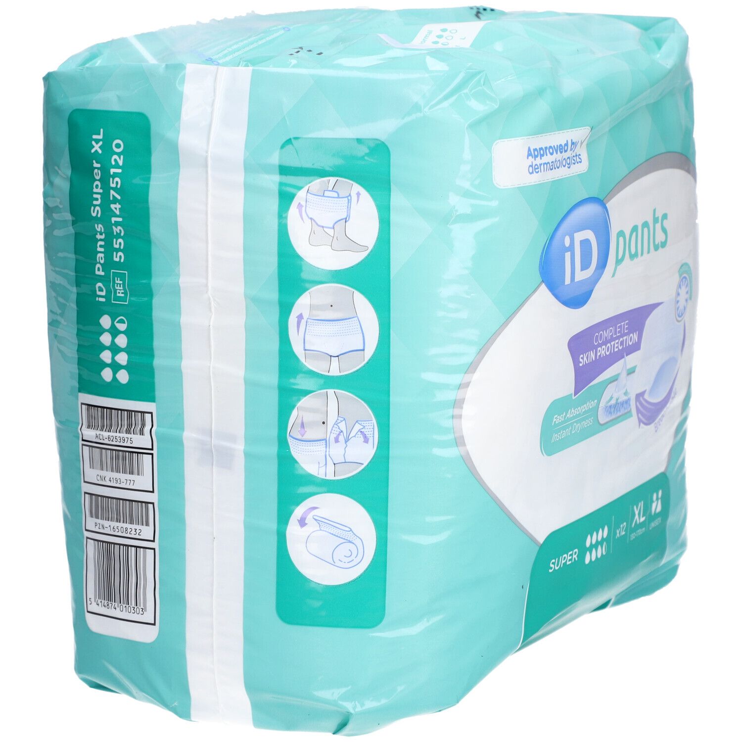 Paquet iD Pants Super XL. Turquoise, logo, informations de taille et code-barres. Certifié par des dermatologues.
