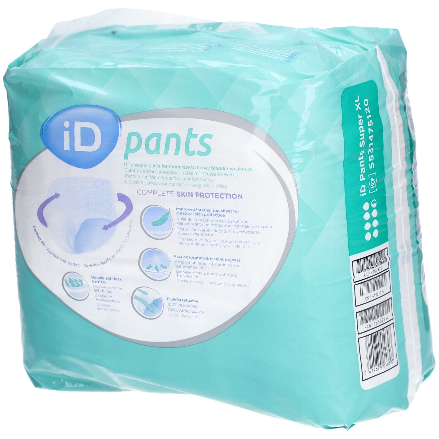 Paquet iD Pants Super XL. Turquoise, avec logo et informations de taille. Contient des informations d'utilisation et certifications.