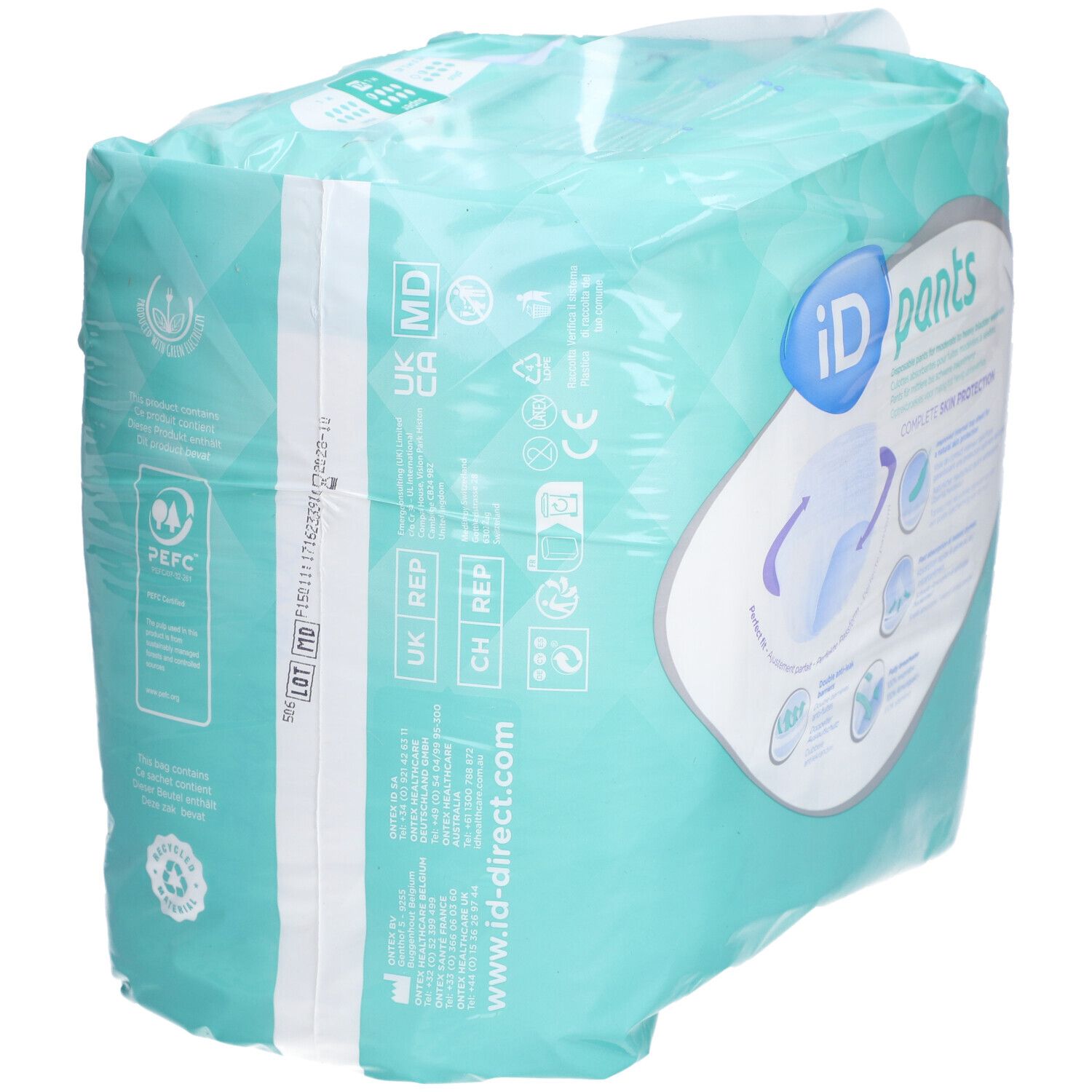 Paquet iD Pants Super XL. Turquoise, avec logo et informations de taille. Contient des informations d'utilisation et certifications.