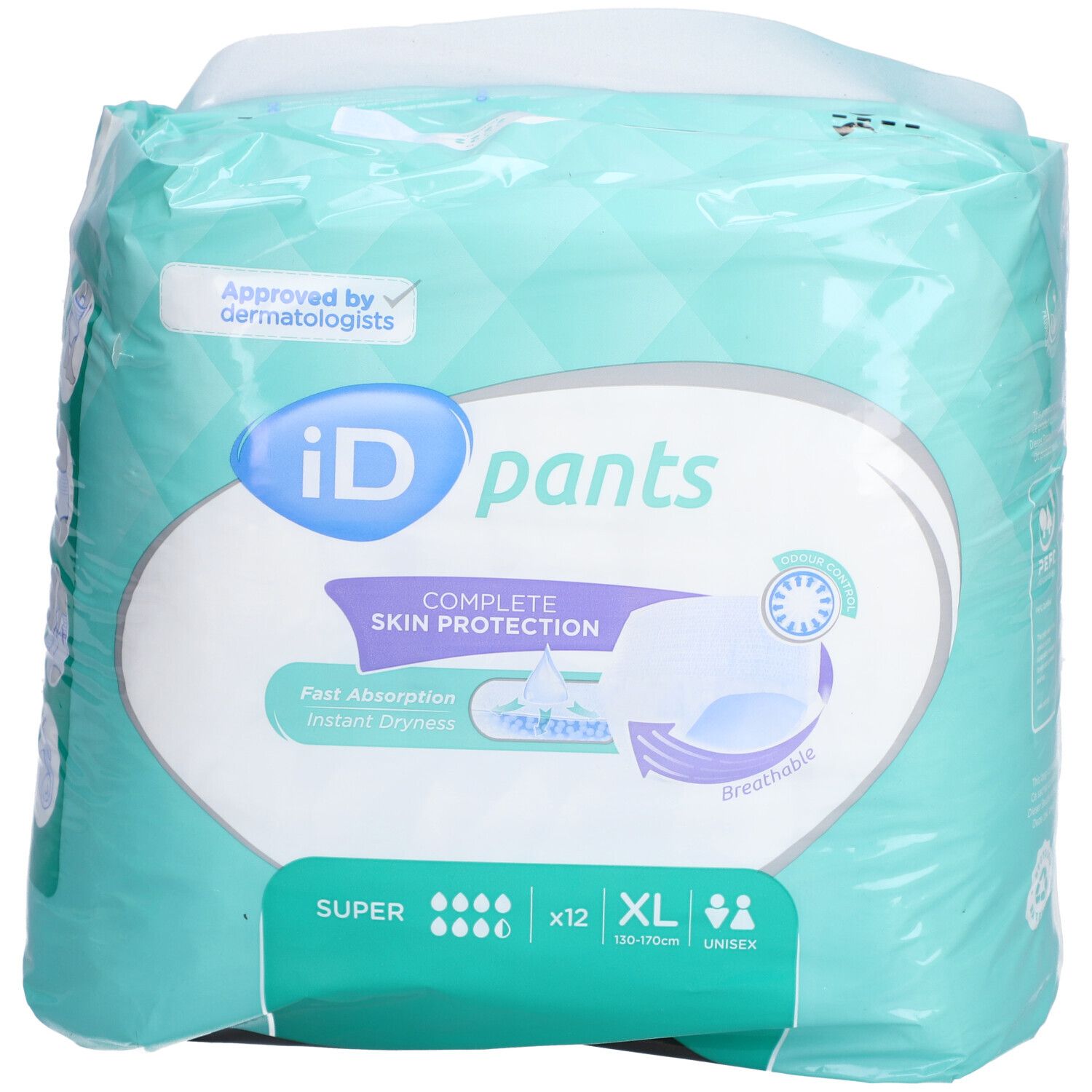 Paquet iD Pants Super XL. Turquoise, avec logo et informations de taille. Certifié par des dermatologues.