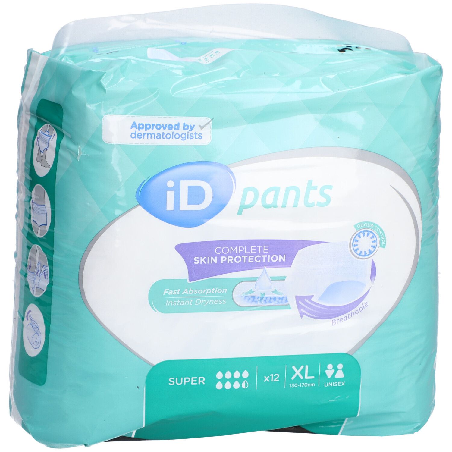 Paquet iD Pants Super XL. Turquoise, avec logo et informations de taille. Certifié par des dermatologues.