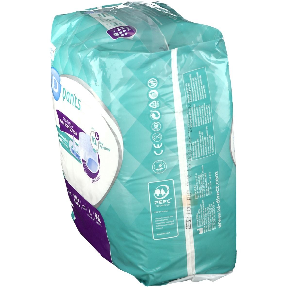 Achterkant van de iD Pants Maxi L verpakking. Aqua-groene folie met tekst en logo's. PEFC-certificering.