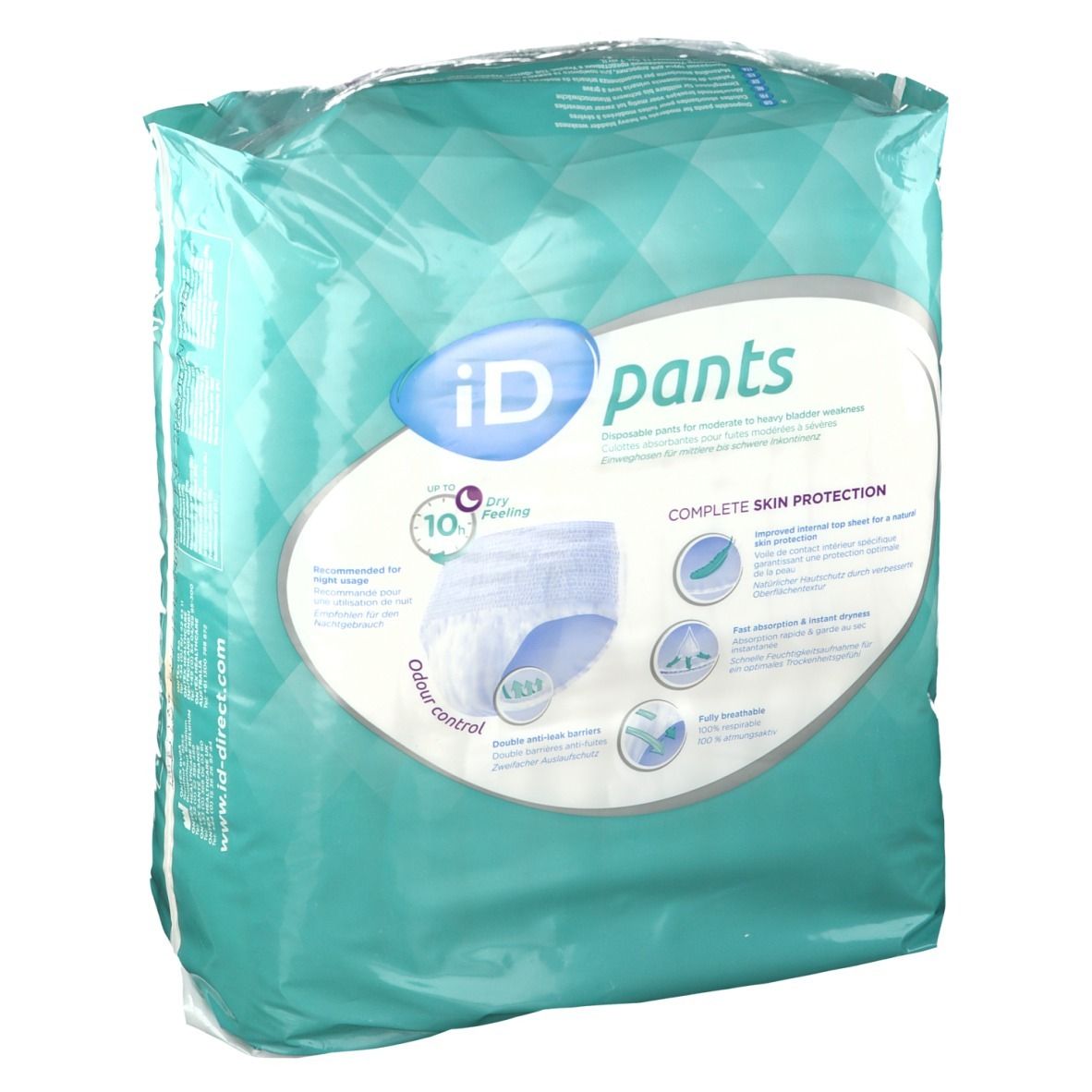 iD Pants Maxi L verpakking. Aqua-groene folie met productafbeelding en tekst. 10 stuks. Ademend.