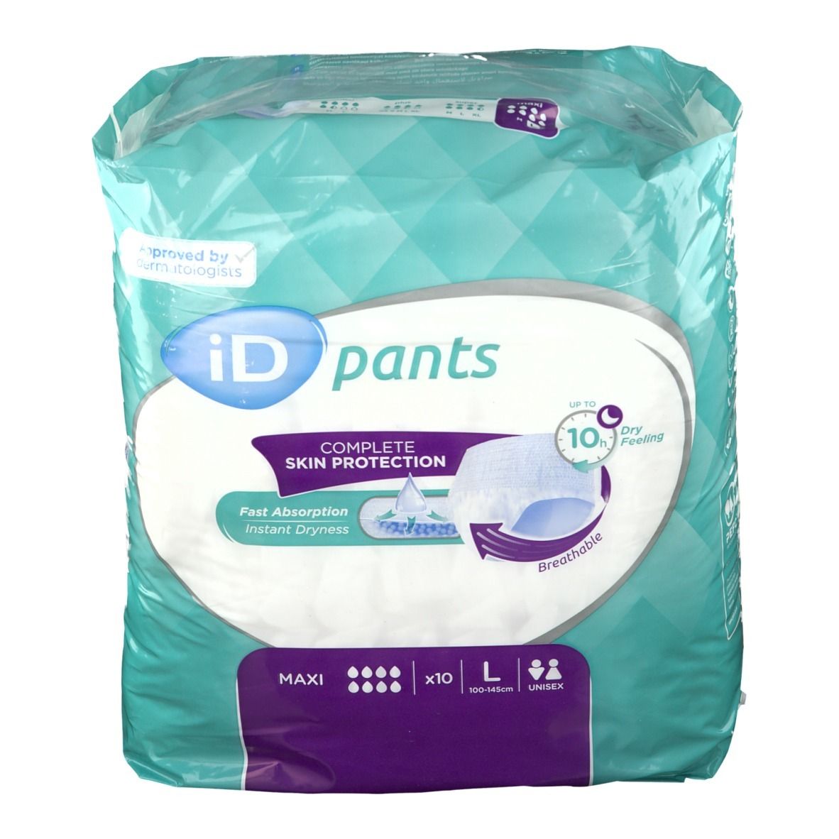 iD Pants Maxi L verpakking. Aqua-groene folie met productafbeelding en tekst. 10 stuks. Unisex.