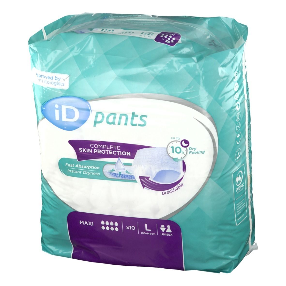 iD Pants Maxi L verpakking. Aqua-groene folie met productafbeelding en tekst. 10 stuks. Ademend.