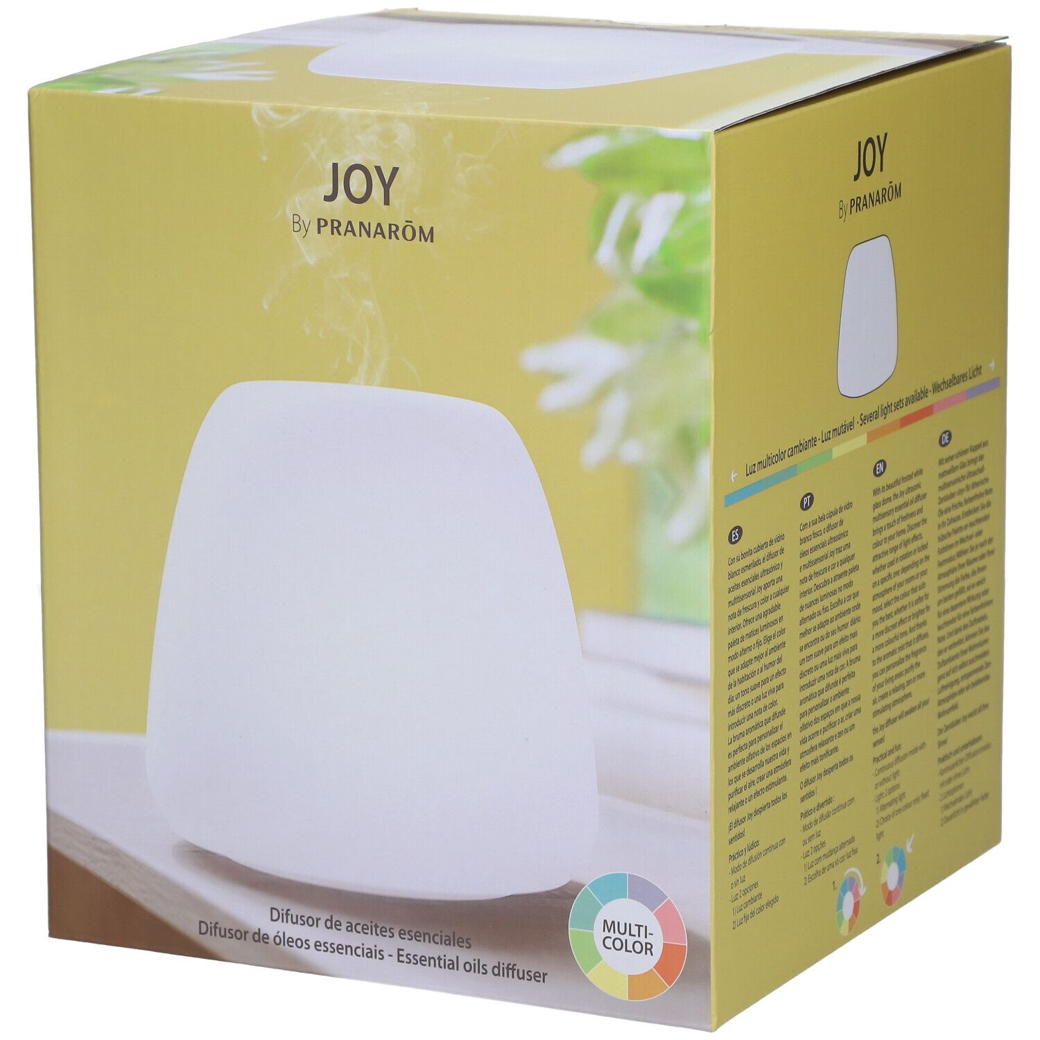 Verpakking met witte diffuser. Opschrift: JOY by Pranarôm. Meerkleurig licht.