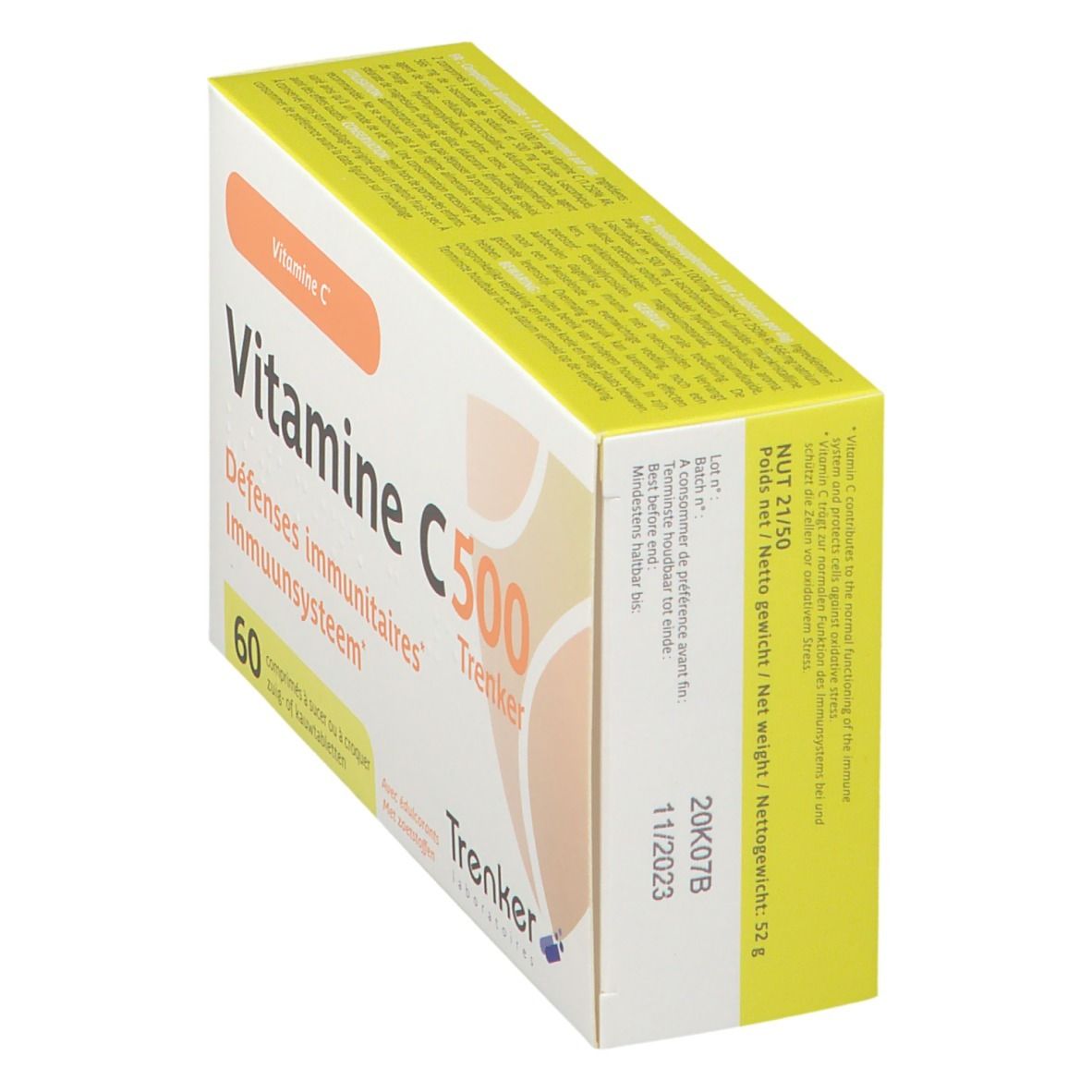 Boîte de Vitamine C500 en biais. Inscription: Vitamine C, 60 comprimés, Trenker. Carton jaune et blanc.