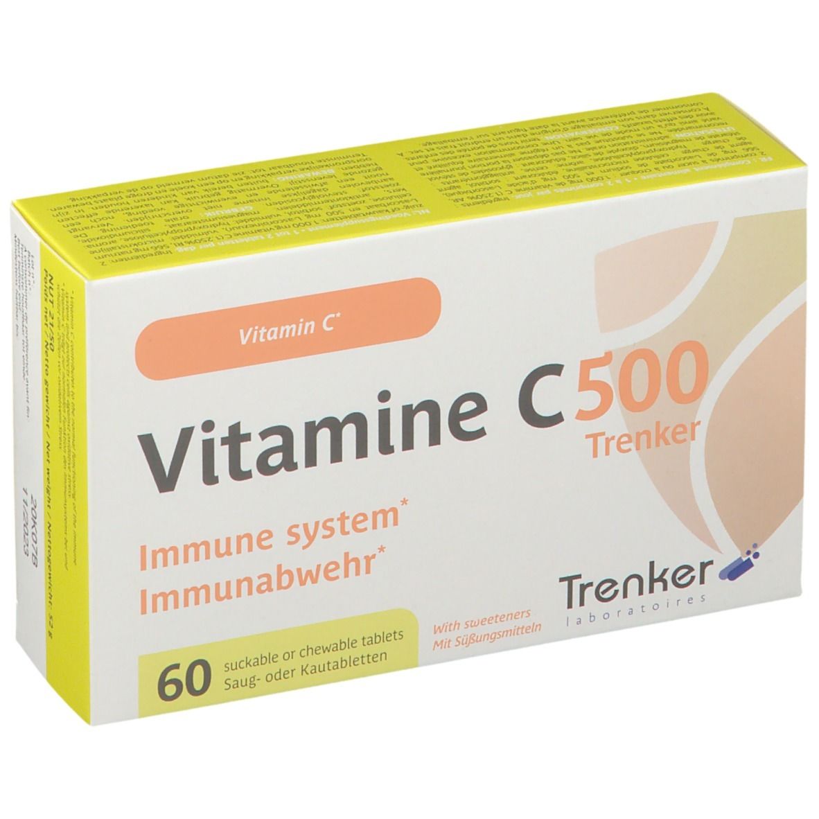 Boîte de Vitamine C500. Inscription: Vitamine C, 60 comprimés, Trenker. Carton jaune et blanc avec un champ orange.