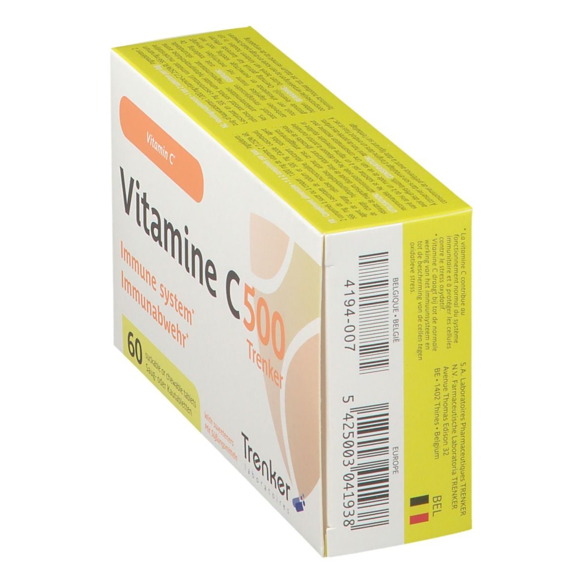 Boîte de Vitamine C500 en biais. Inscription: Vitamine C, 60 comprimés, Trenker. Carton jaune et blanc.