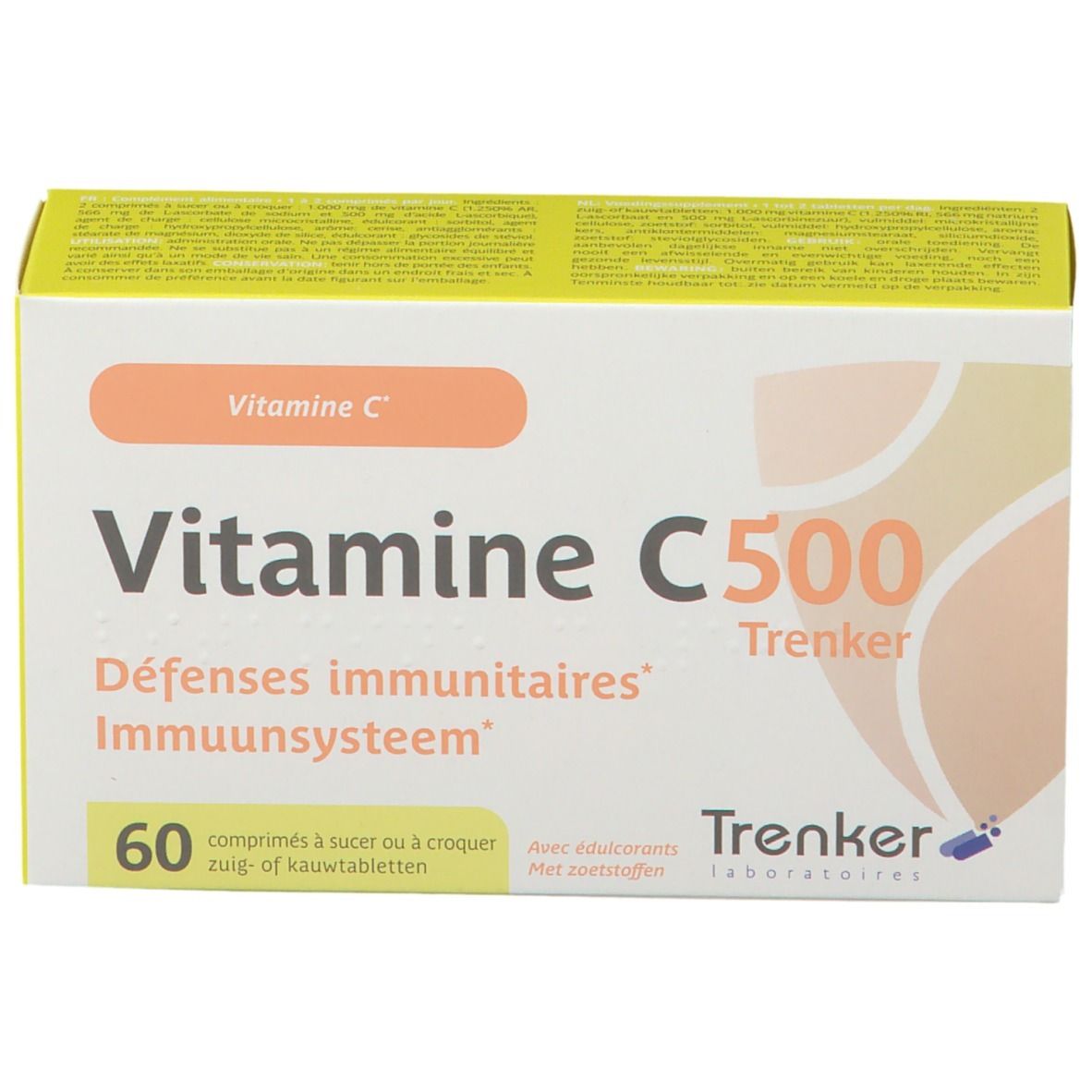Boîte de Vitamine C500. Inscription: Vitamine C, 60 comprimés, Trenker. Carton jaune et blanc avec un champ orange.