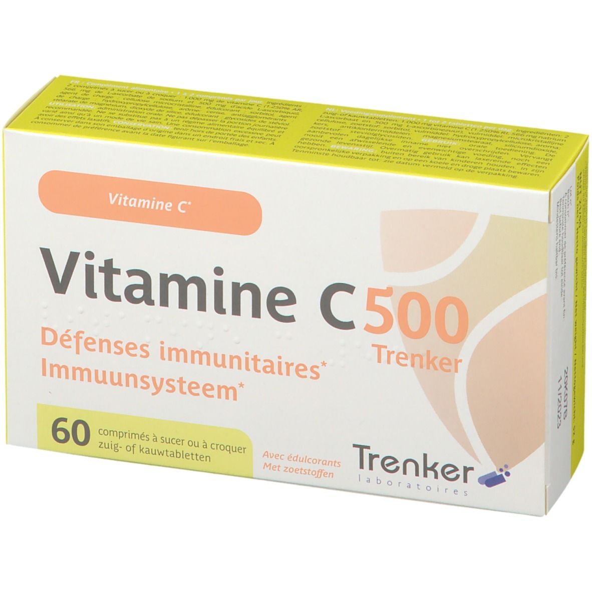 Boîte de Vitamine C500. Inscription: Vitamine C, 60 comprimés, Trenker. Carton jaune et blanc avec un champ orange.