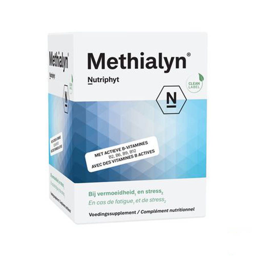 Boîte blanche avec "Methialyn" et "Nutriphyt". Contient des vitamines B. Fond bleu.
