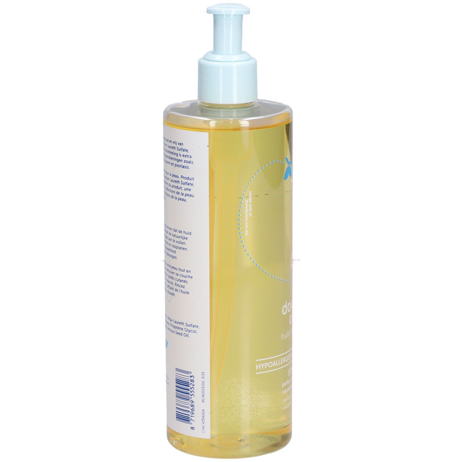 Achterkant van de Dermolin Duschöl fles. Meertalige tekst. Blauw logo. Transparante fles met gele vloeistof.