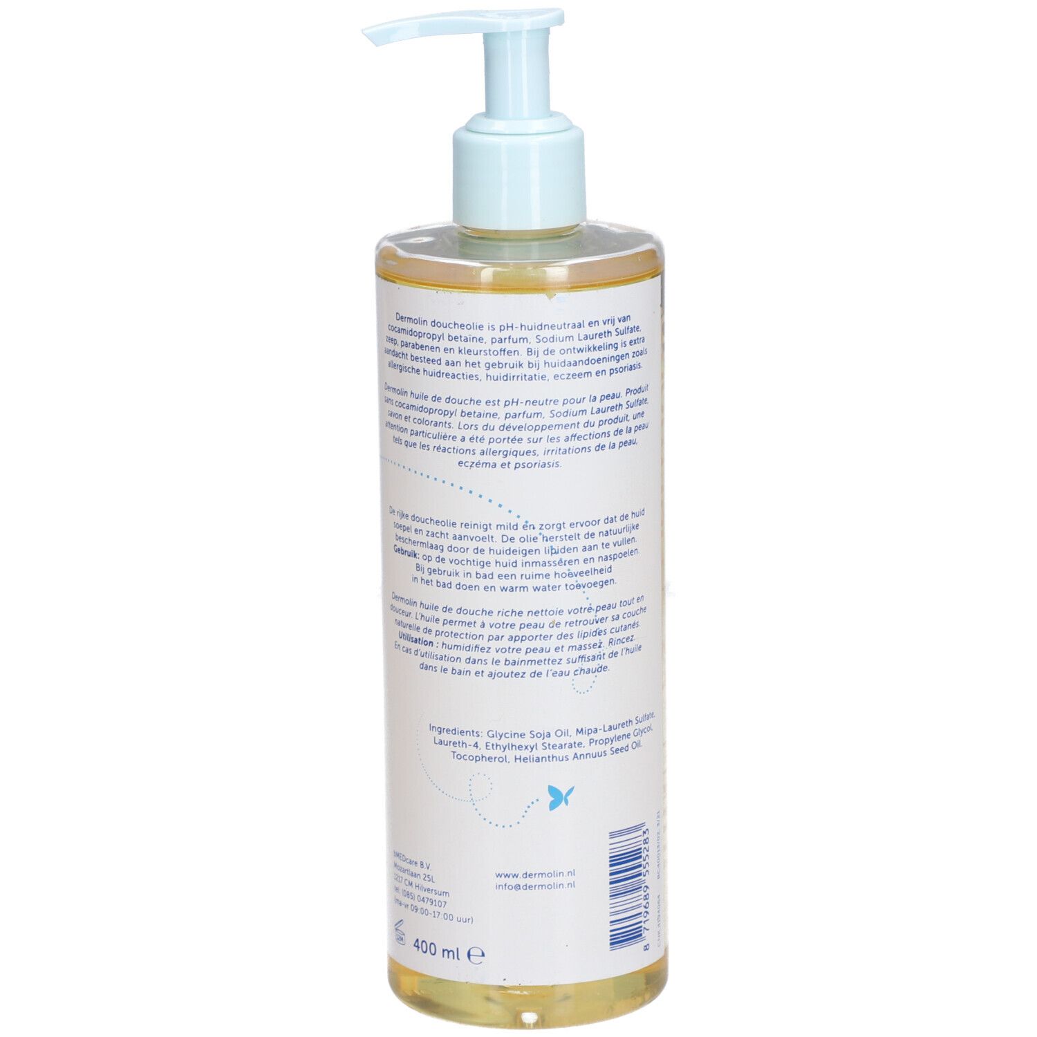 Achterkant van de Dermolin Duschöl fles. Meertalige tekst. Blauwe afbeelding. 400 ml. Transparante fles met gele vloeistof.