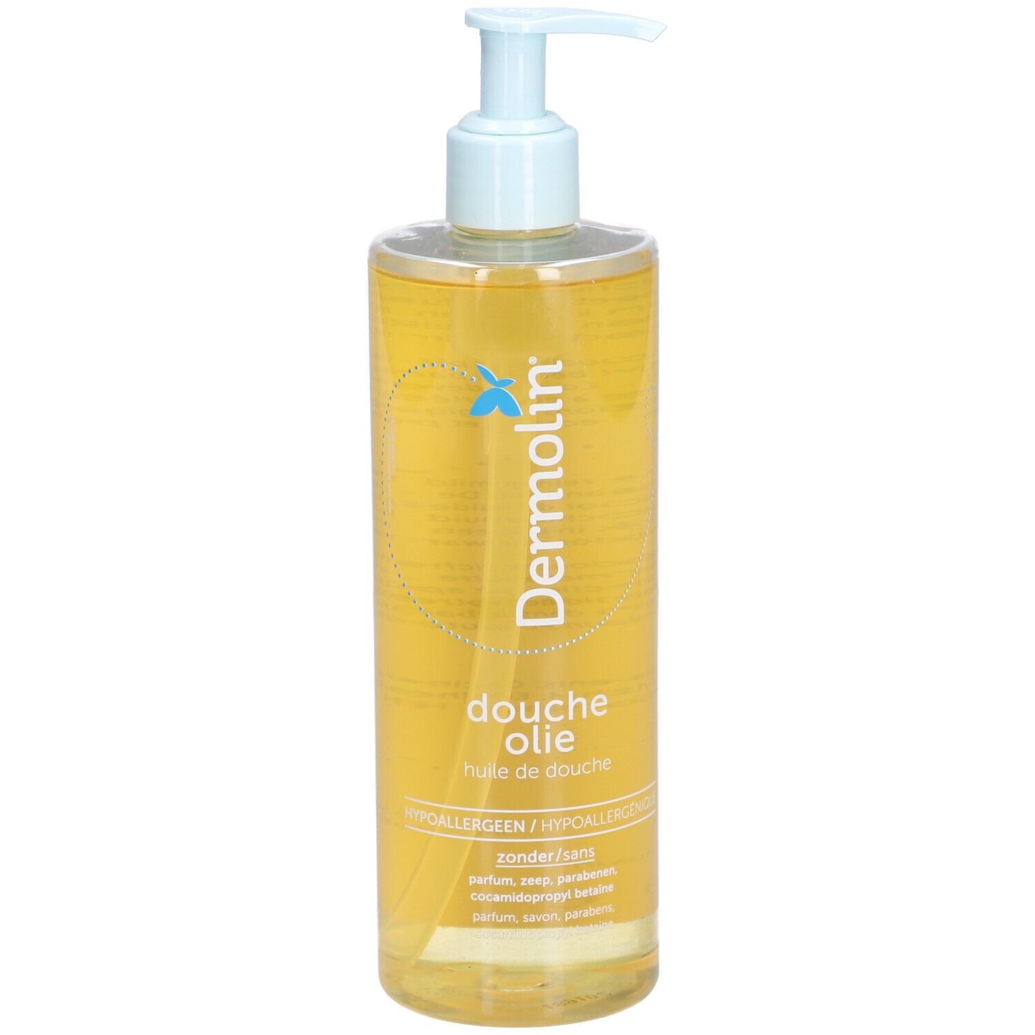 Dermolin Duschöl fles met blauwe pomp. Gele vloeistof. Opschrift: Duschöl, huile de douche, hypoallergeen.