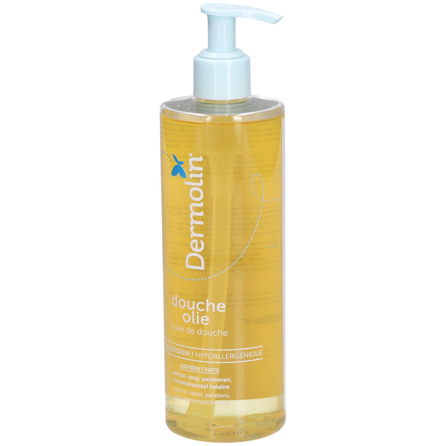Dermolin Duschöl fles met blauwe pomp. Gele vloeistof. Opschrift: Duschöl, huile de douche, hypoallergeen.