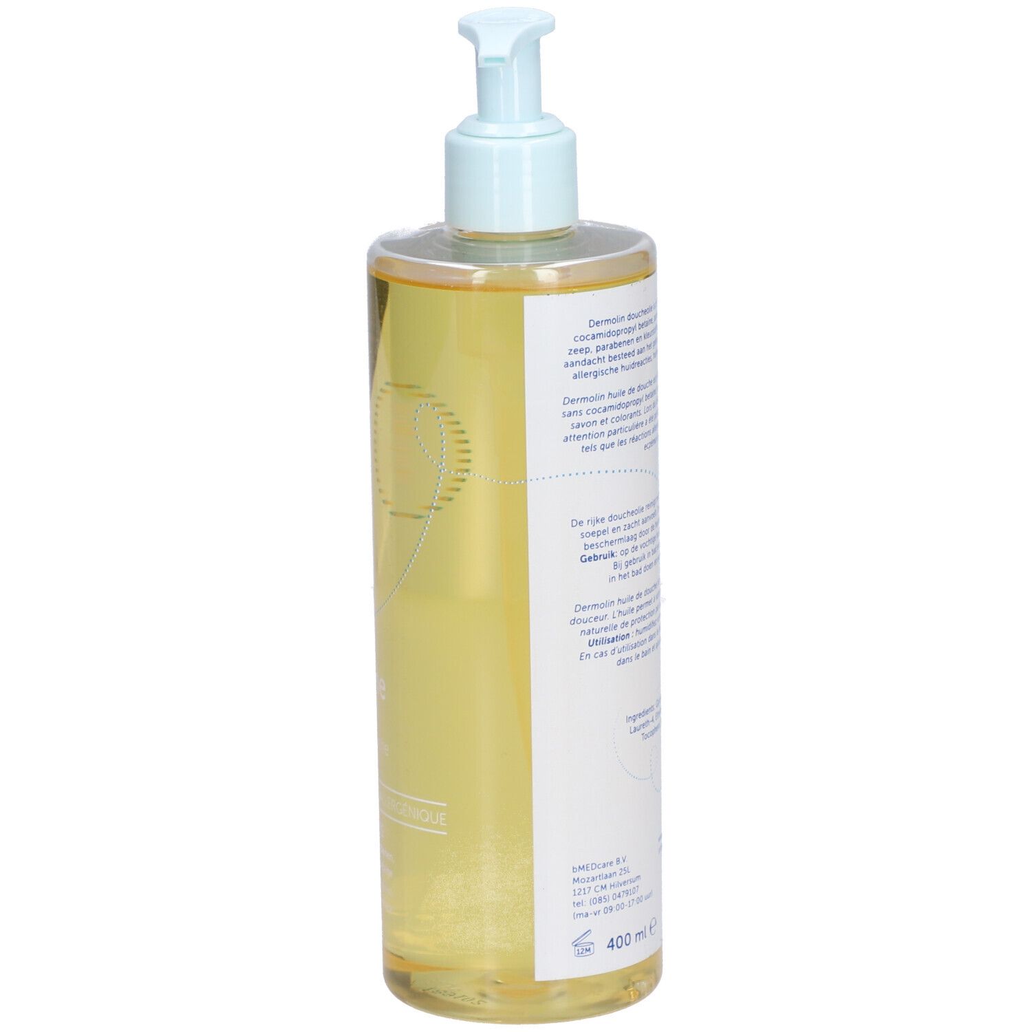 Achterkant van de Dermolin Duschöl fles. Meertalige tekst. Blauwe afbeelding. 400 ml. Transparante fles met gele vloeistof.
