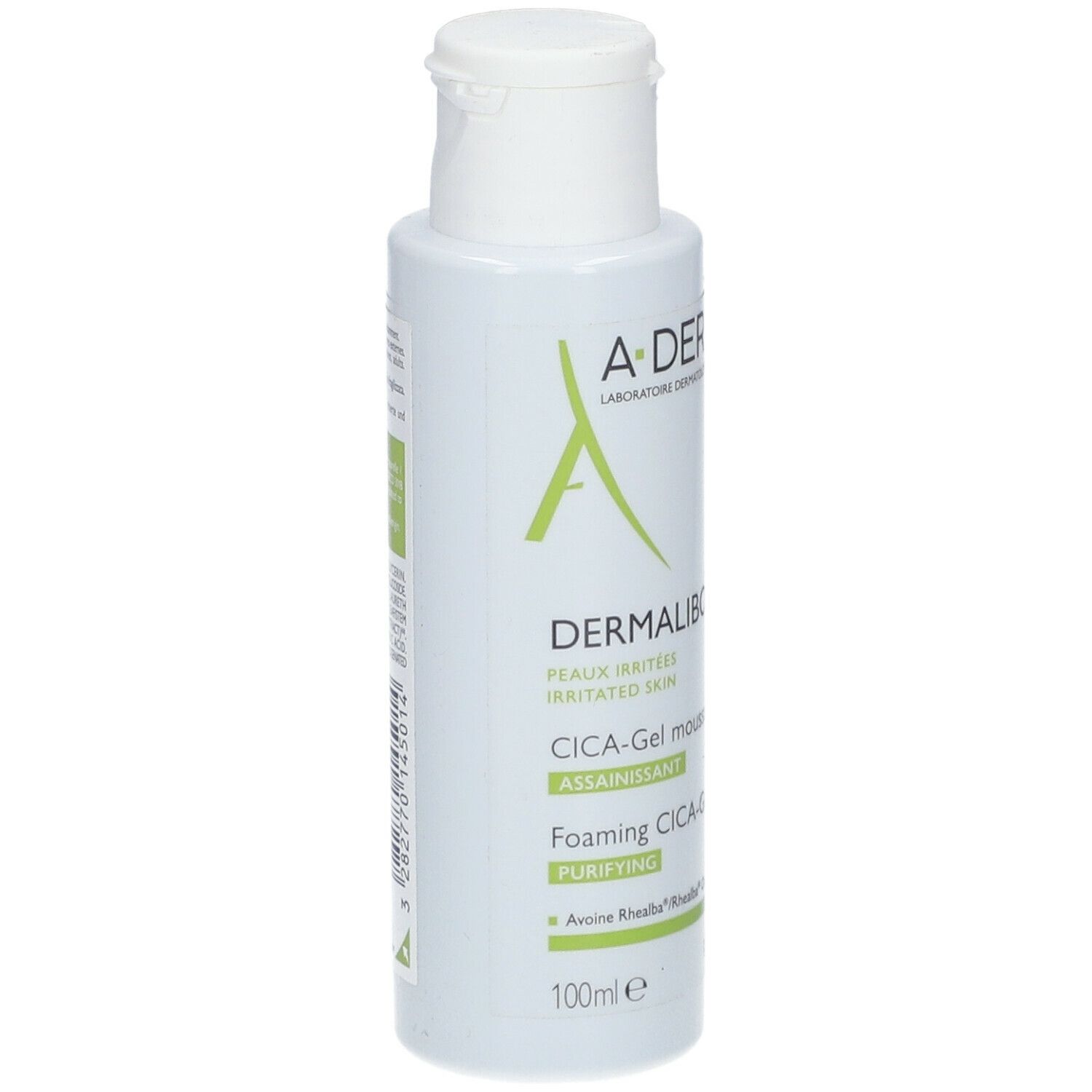 Witte fles met A-DERMA logo en productnaam DERMALIBOUR. Bevat CICA-Gel moussant. 100ml. Opschrift: Peaux irritées.