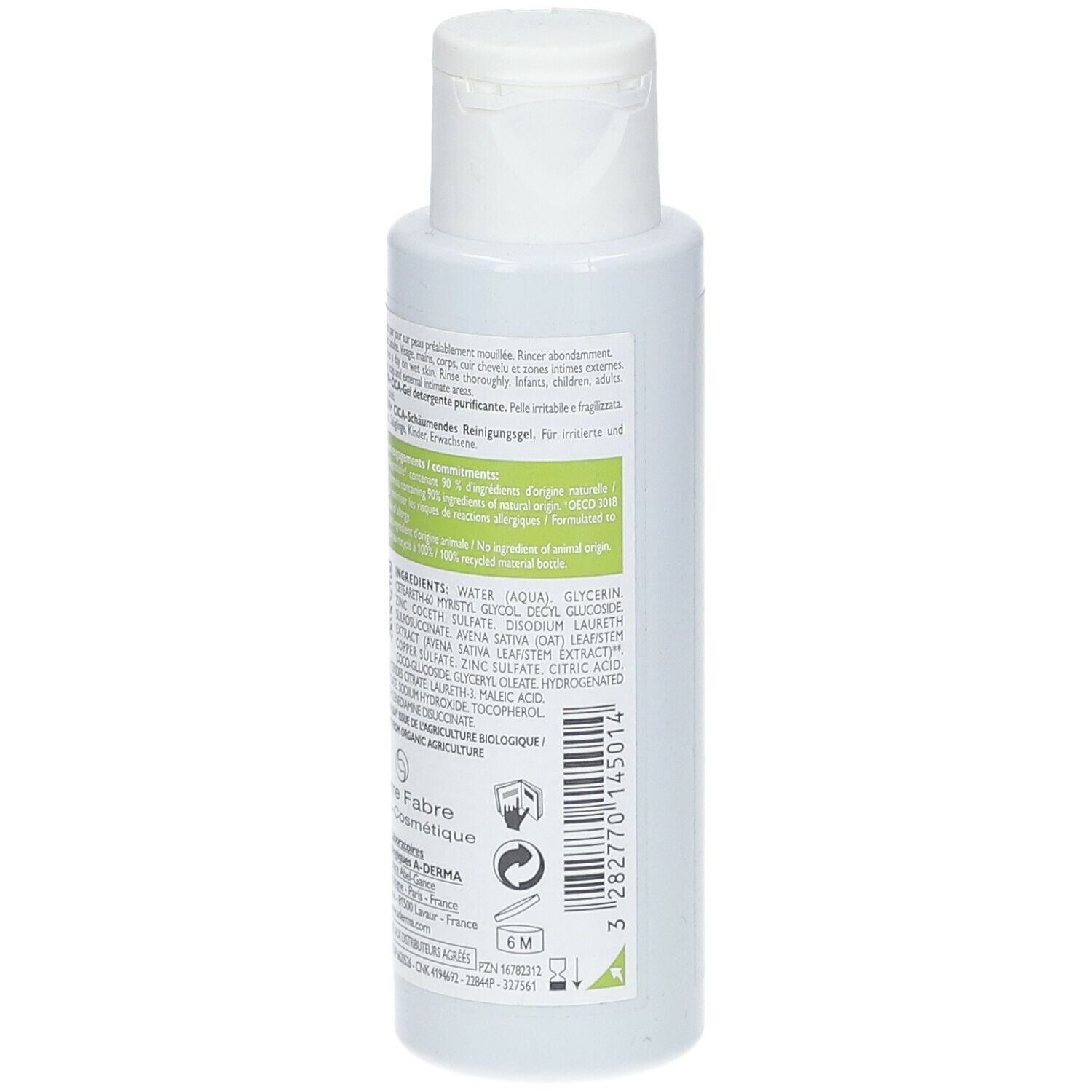 Achterkant van een witte fles. Bevat ingrediënten, fabrikantinformatie en recyclagesymbool. 6M-symbool.