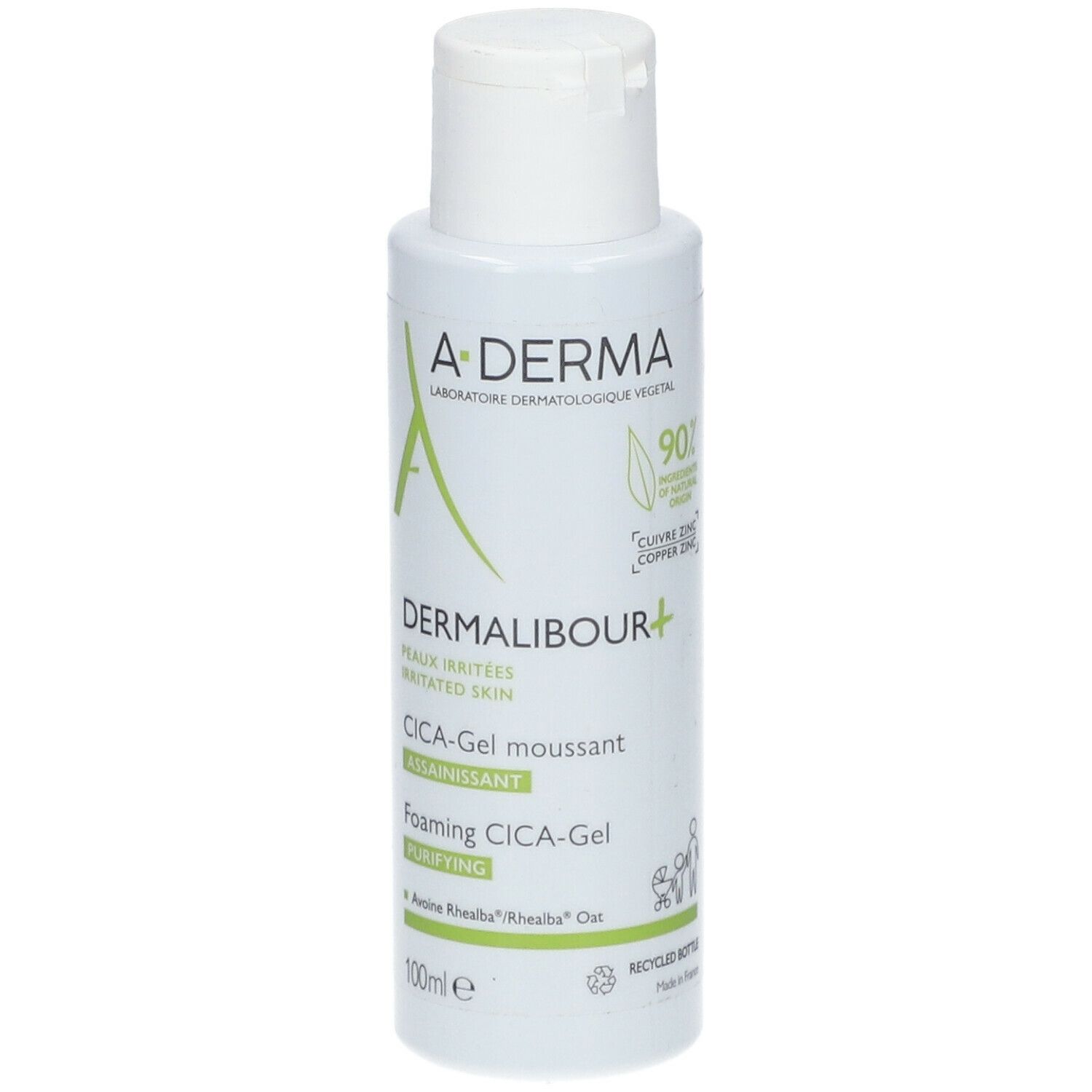 Witte fles met A-DERMA logo en productnaam DERMALIBOUR+. Bevat CICA-Gel moussant. 100ml. 90% ingrediënten van natuurlijke oorsprong.