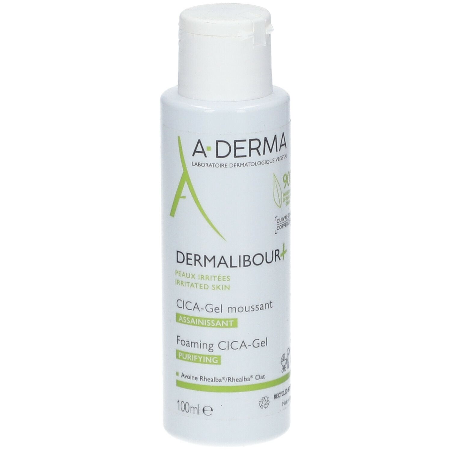 Witte fles met A-DERMA logo en productnaam DERMALIBOUR. Bevat CICA-Gel moussant. 100ml. Opschrift: Peaux irritées.
