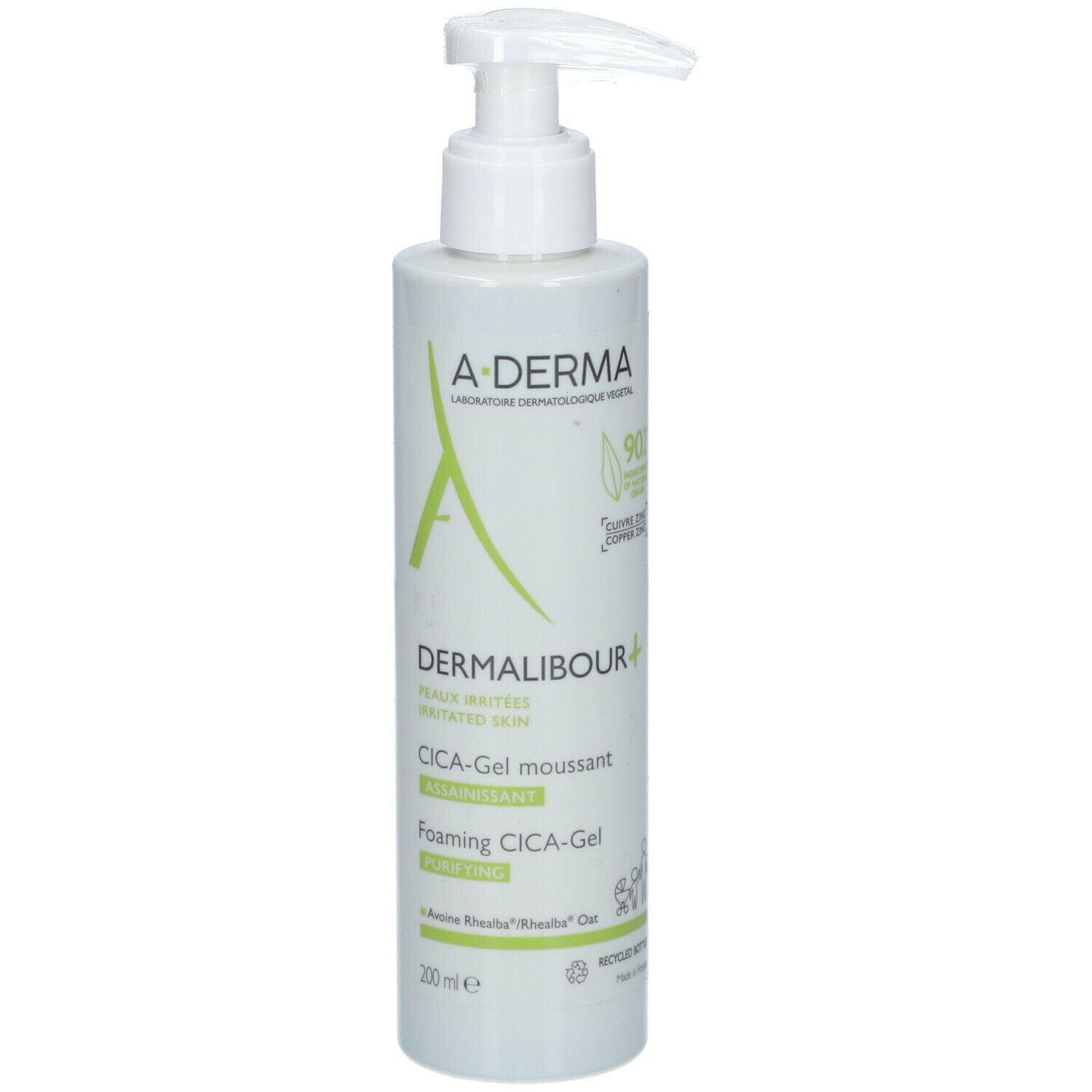 Groene fles met pomp. Opschrift: A-DERMA, DERMALIBOUR+, CICA-Gel moussant, Foaming CICA-Gel. 200ml.