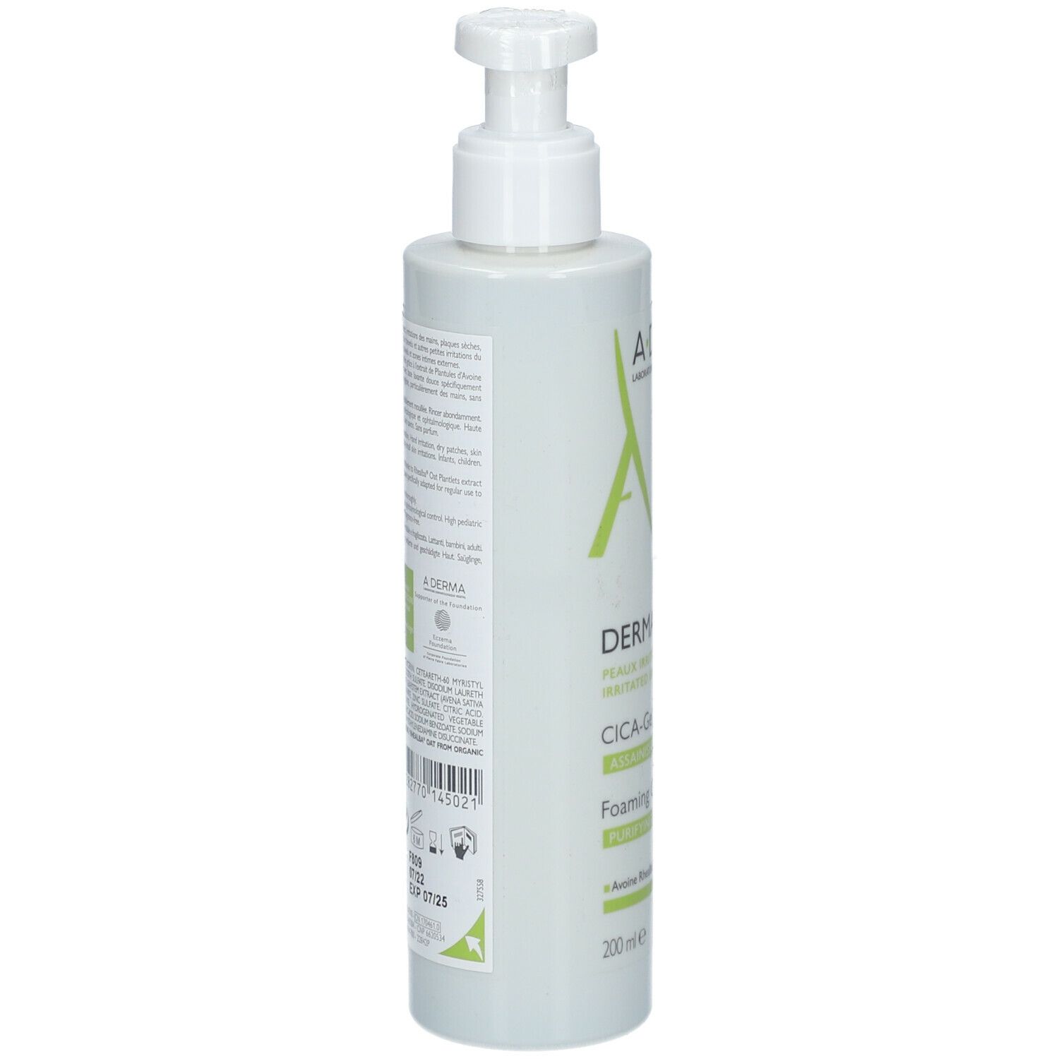 Groene fles met pomp. Achterkant met tekst en barcode. A-DERMA, DERMALIBOUR+, CICA-Gel moussant, Foaming CICA-Gel. 200ml.