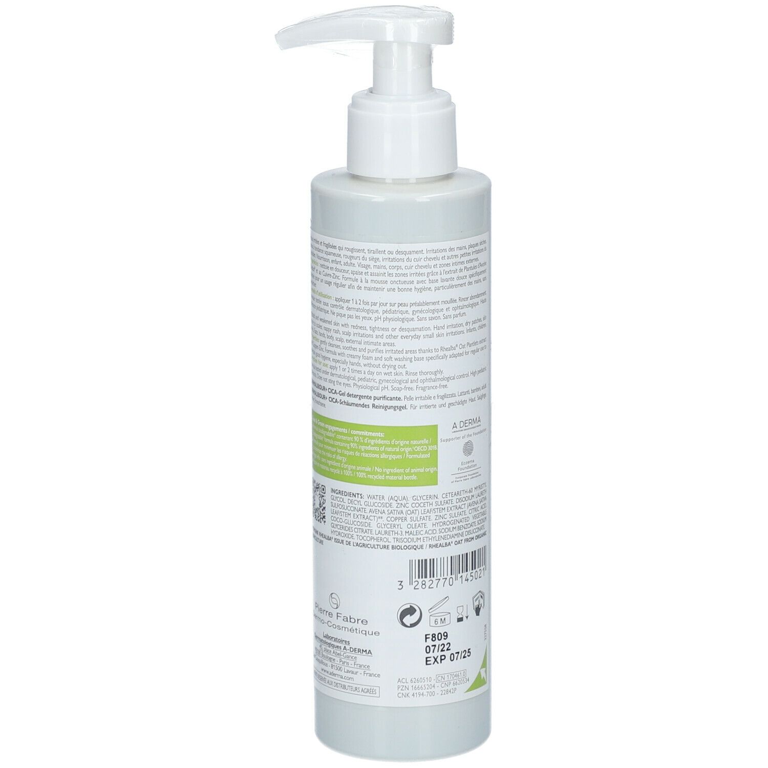Groene fles met pomp. Achterkant met tekst en barcode. A-DERMA, DERMALIBOUR+, CICA-Gel moussant, Foaming CICA-Gel. 200ml. Houdbaarheid.